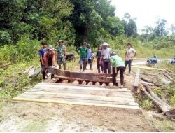 Warga Sungai Abau Gotong Royong Perbaiki Jembatan Penghubung